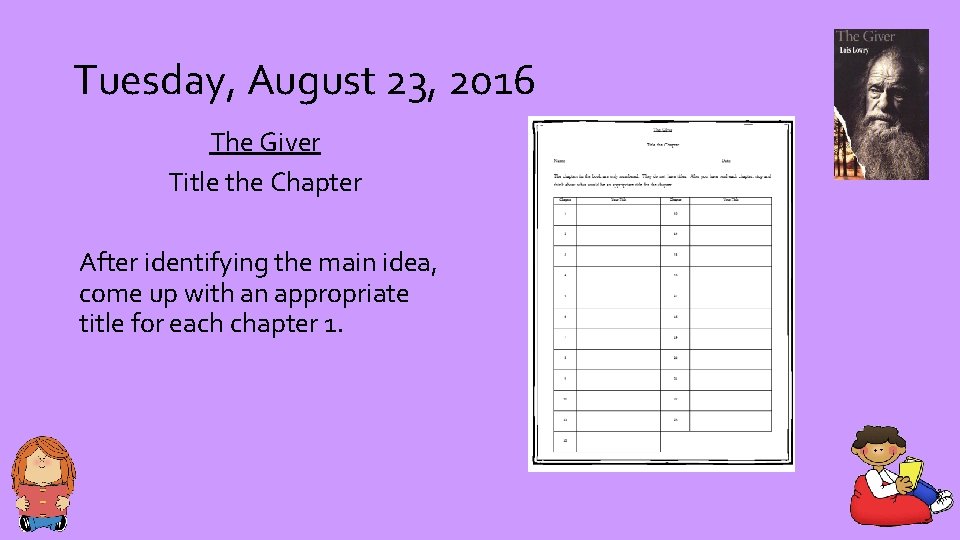 Tuesday, August 23, 2016 The Giver Title the Chapter After identifying the main idea,