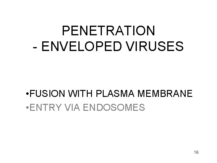 PENETRATION - ENVELOPED VIRUSES • FUSION WITH PLASMA MEMBRANE • ENTRY VIA ENDOSOMES 16