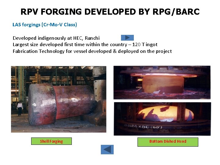 RPV FORGING DEVELOPED BY RPG/BARC LAS forgings (Cr-Mo-V Class) Developed indigenously at HEC, Ranchi