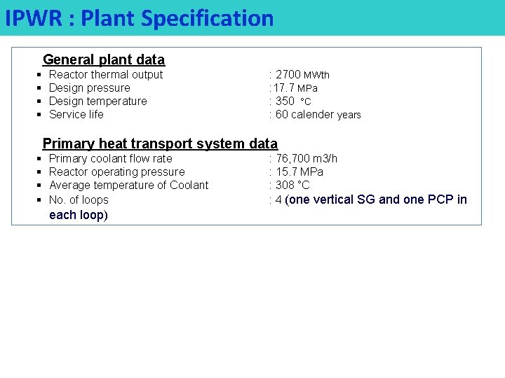 IPWR : Plant Specification General plant data § § Reactor thermal output Design pressure