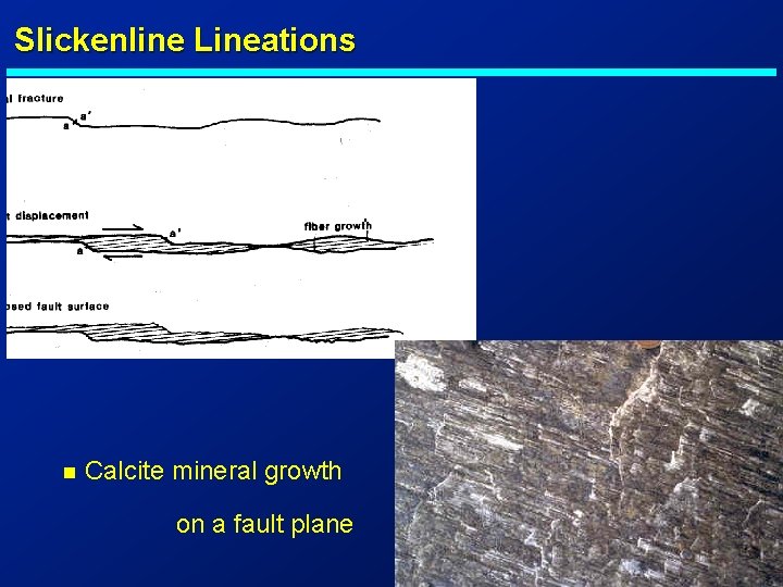 Slickenline Lineations n Calcite mineral growth on a fault plane 