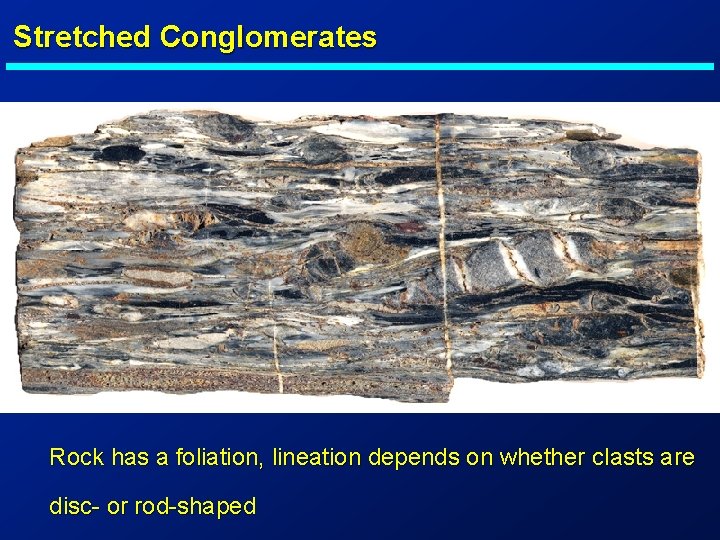 Stretched Conglomerates Rock has a foliation, lineation depends on whether clasts are disc- or