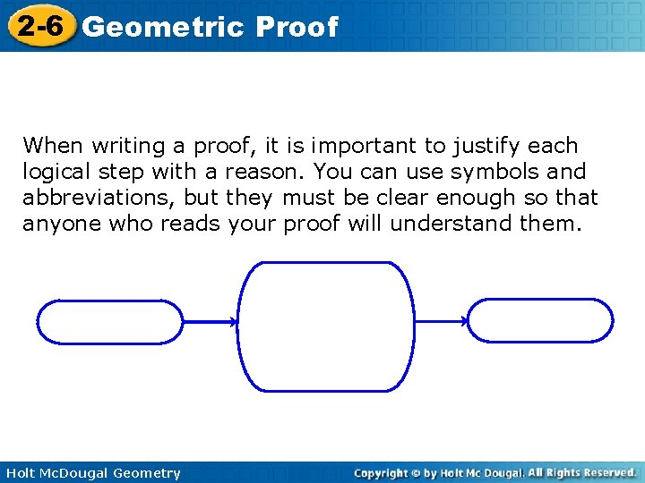 2 -6 Geometric Proof When writing a proof, it is important to justify each