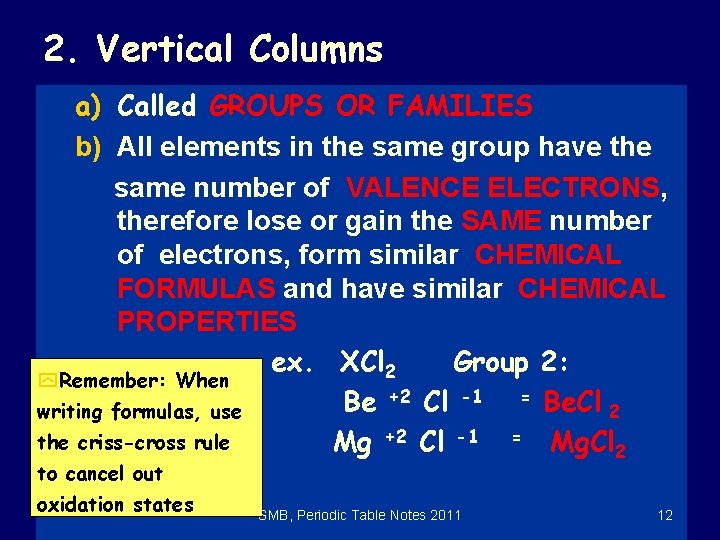 2. Vertical Columns a) Called GROUPS OR FAMILIES b) All elements in the same