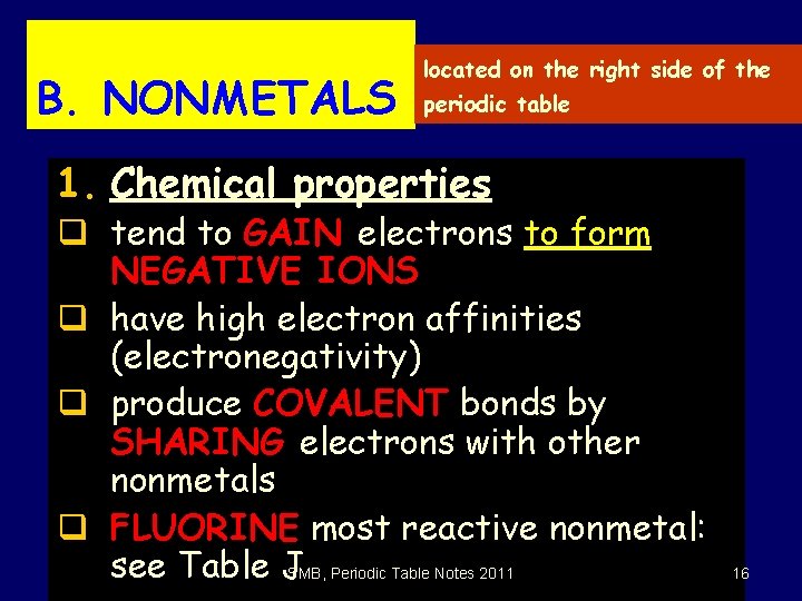 B. NONMETALS located on the right side of the periodic table 1. Chemical properties