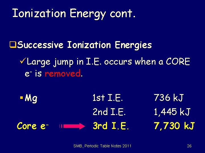 Ionization Energy cont. q. Successive Ionization Energies üLarge jump in I. E. occurs when
