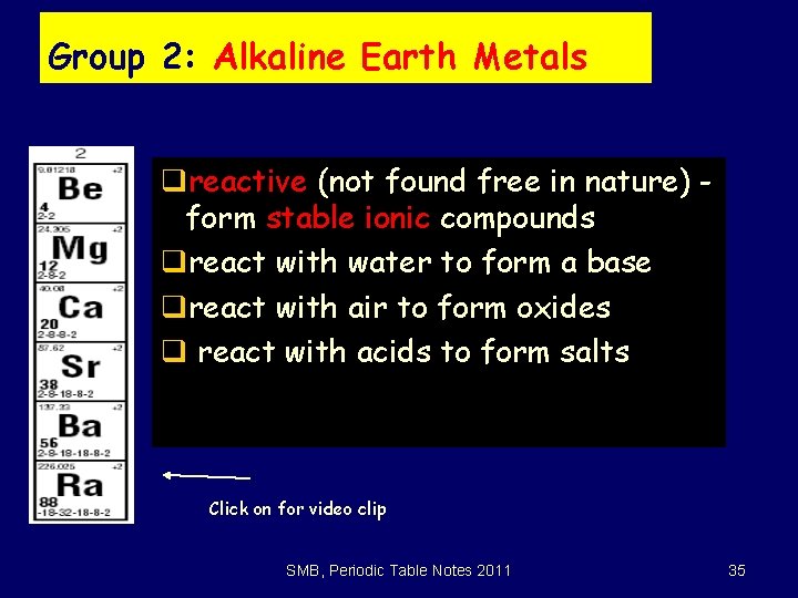 Group 2: Alkaline Earth Metals qreactive (not found free in nature) form stable ionic