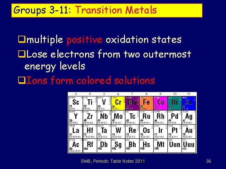 Groups 3 -11: Transition Metals qmultiple positive oxidation states q. Lose electrons from two