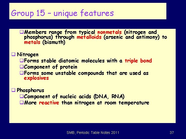 Group 15 – unique features q. Members range from typical nonmetals (nitrogen and phosphorus)