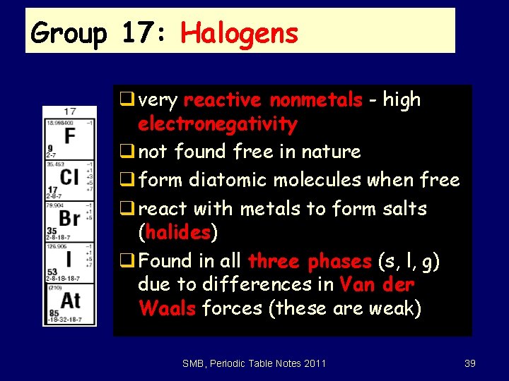 Group 17: Halogens q very reactive nonmetals - high electronegativity q not found free