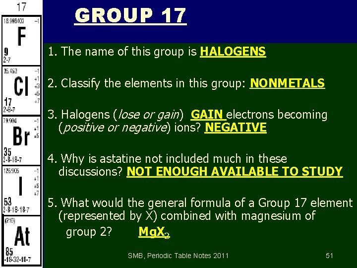 GROUP 17 1. The name of this group is HALOGENS 2. Classify the elements