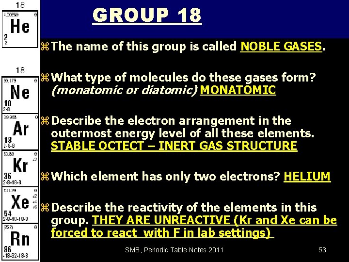 GROUP 18 z The name of this group is called NOBLE GASES. z What