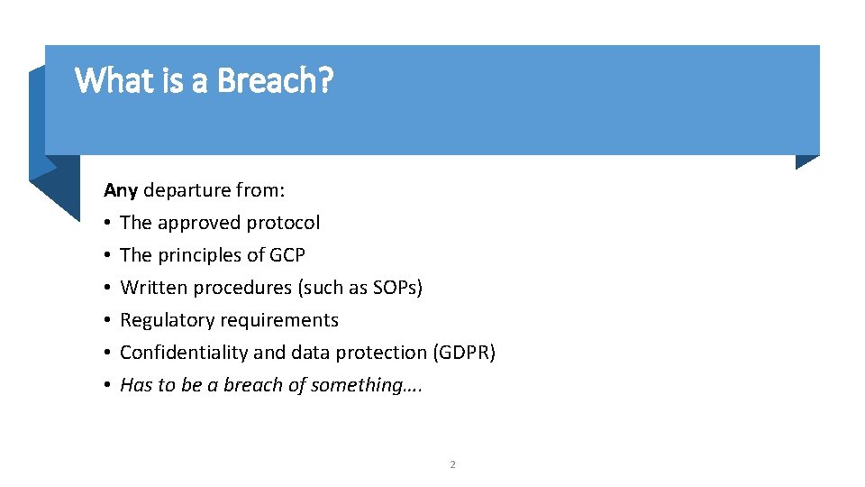What is a Breach? Any departure from: • The approved protocol • The principles