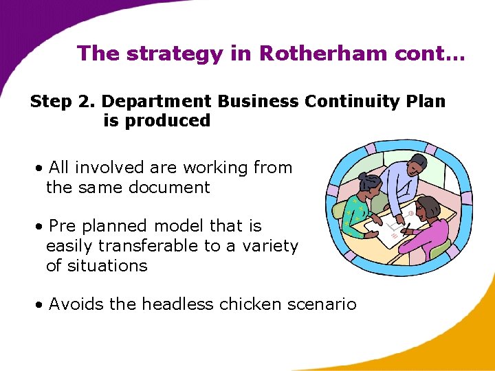The strategy in Rotherham cont… Step 2. Department Business Continuity Plan is produced •