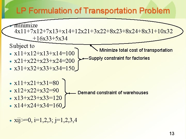 LP Formulation of Transportation Problem minimize 4 x 11+7 x 12+7 x 13+x 14+12