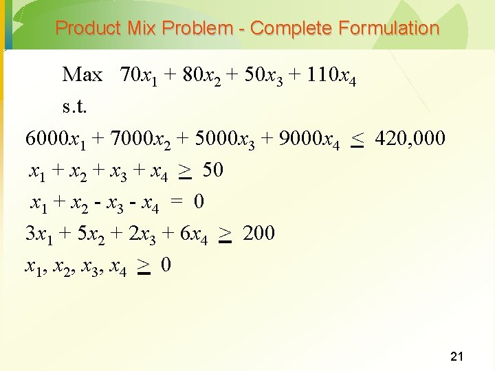 Product Mix Problem - Complete Formulation Max 70 x 1 + 80 x 2