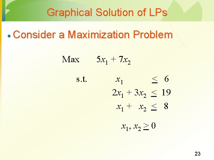 Graphical Solution of LPs · Consider a Maximization Problem Max s. t. 5 x
