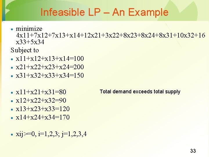Infeasible LP – An Example minimize 4 x 11+7 x 12+7 x 13+x 14+12
