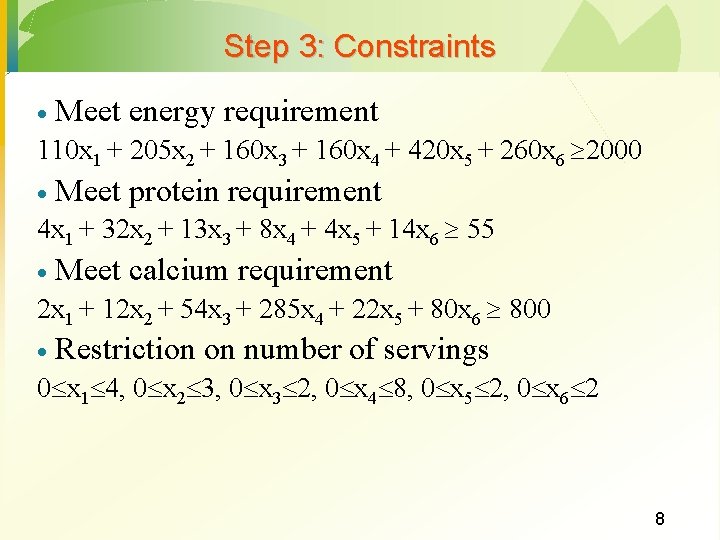 Step 3: Constraints · Meet energy requirement 110 x 1 + 205 x 2