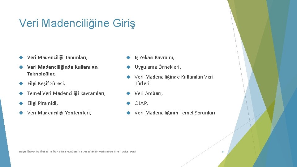 Veri Madenciliğine Giriş Veri Madenciliği Tanımları, İş Zekası Kavramı, Veri Madenciliğinde Kullanılan Teknolojiler, Uygulama