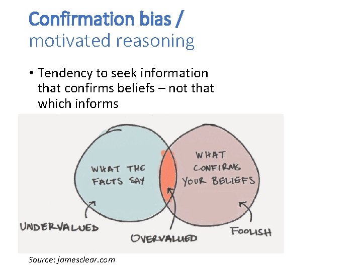 Confirmation bias / motivated reasoning • Tendency to seek information that confirms beliefs –