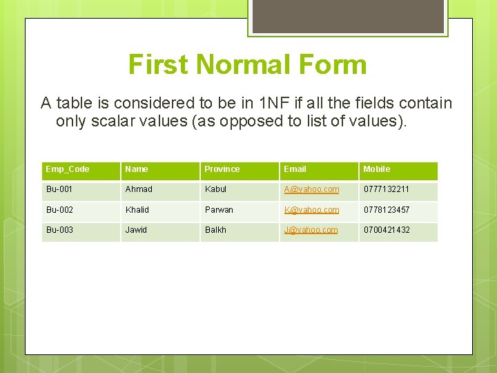 First Normal Form A table is considered to be in 1 NF if all First Normal Form A table is considered to be in 1 NF if all