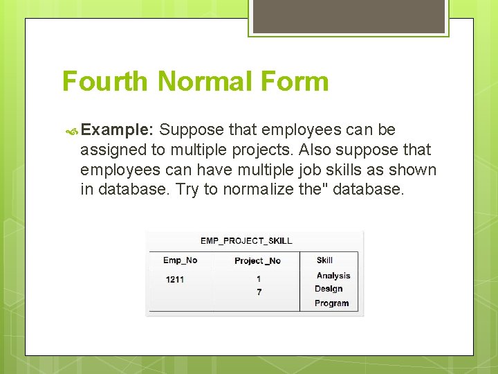 Fourth Normal Form Example: Suppose that employees can be assigned to multiple projects. Also Fourth Normal Form Example: Suppose that employees can be assigned to multiple projects. Also