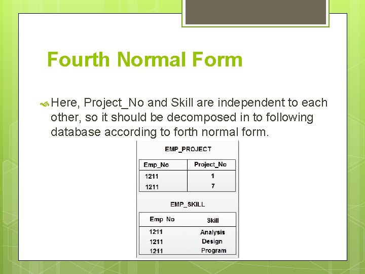 Fourth Normal Form Here, Project_No and Skill are independent to each other, so it Fourth Normal Form Here, Project_No and Skill are independent to each other, so it