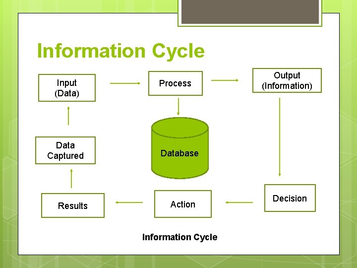 Information Cycle Input (Data) Data Captured Results Process Output (Information) Database Action Information Cycle Information Cycle Input (Data) Data Captured Results Process Output (Information) Database Action Information Cycle