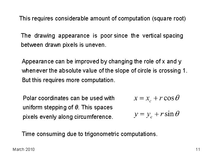 This requires considerable amount of computation (square root) The drawing appearance is poor since