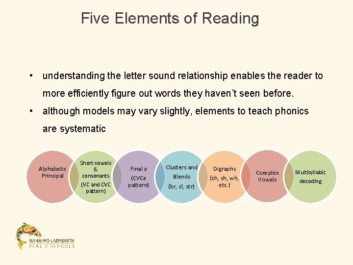 Five Elements of Reading • understanding the letter sound relationship enables the reader to Five Elements of Reading • understanding the letter sound relationship enables the reader to
