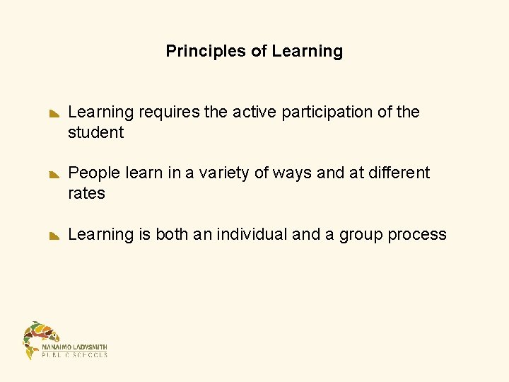 Principles of Learning requires the active participation of the student People learn in a Principles of Learning requires the active participation of the student People learn in a