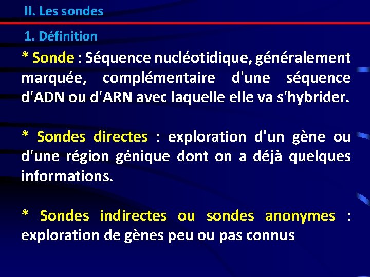 II. Les sondes 1. Définition * Sonde : Séquence nucléotidique, généralement marquée, complémentaire d'une