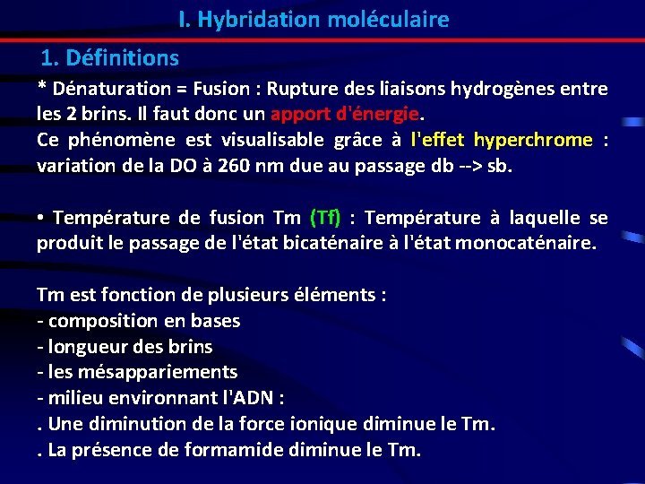 I. Hybridation moléculaire 1. Définitions * Dénaturation = Fusion : Rupture des liaisons hydrogènes