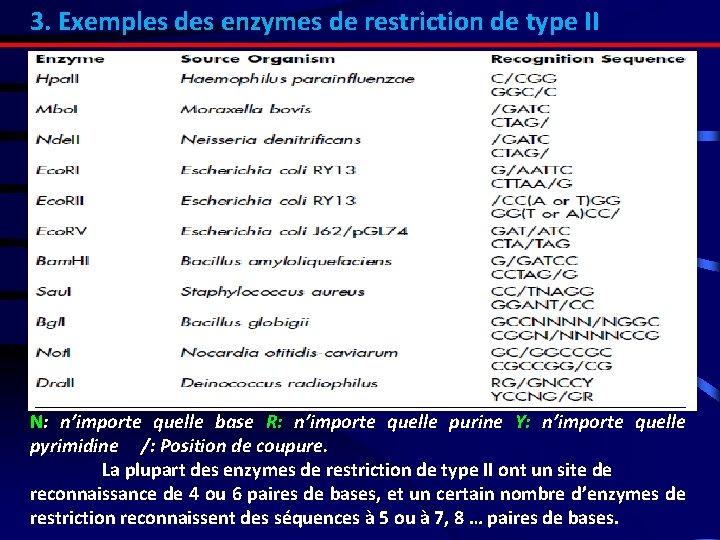 3. Exemples des enzymes de restriction de type II N: n’importe quelle base R: