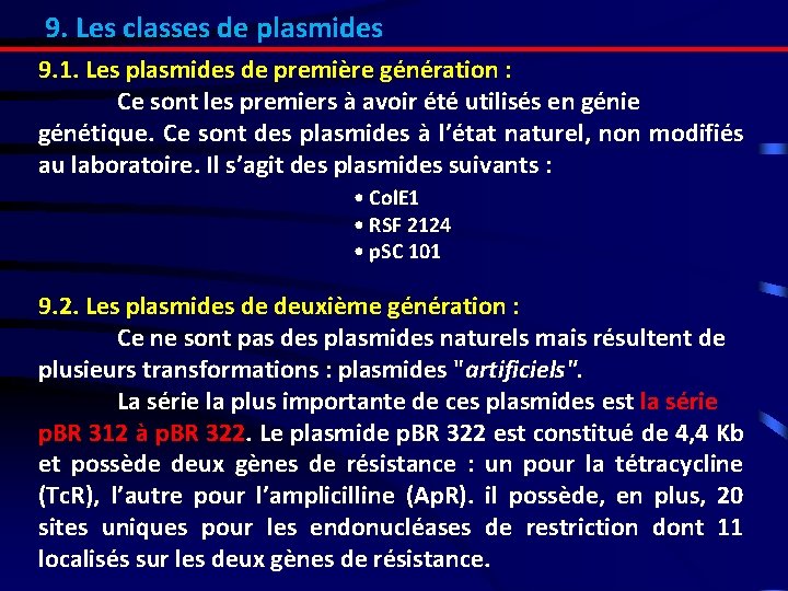 9. Les classes de plasmides 9. 1. Les plasmides de première génération : Ce