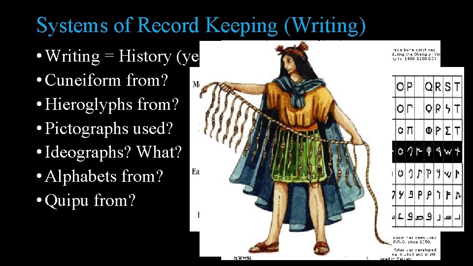 Systems of Record Keeping (Writing) • Writing = History (yeah inventor of writing) •