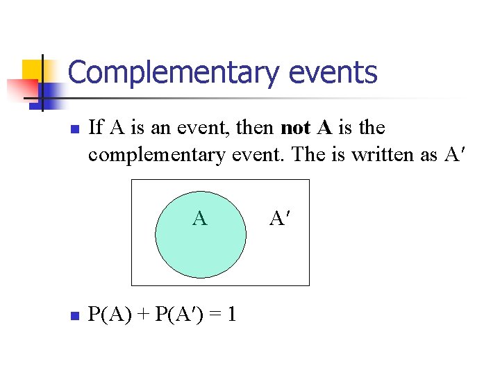 Complementary events n If A is an event, then not A is the complementary