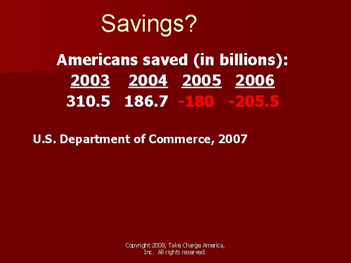Savings? Americans saved (in billions): 2003 2004 2005 2006 310. 5 186. 7 -180