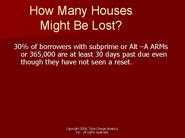 How Many Houses Might Be Lost? 30% of borrowers with subprime or Alt –A