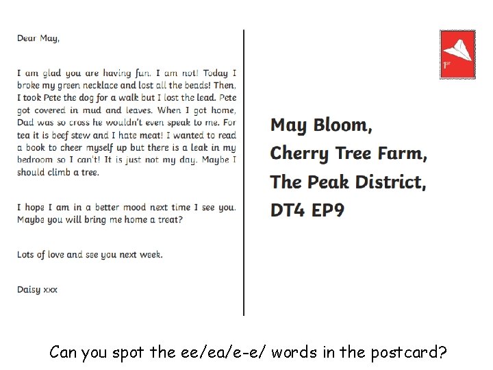 Can you spot the ee/ea/e-e/ words in the postcard? 