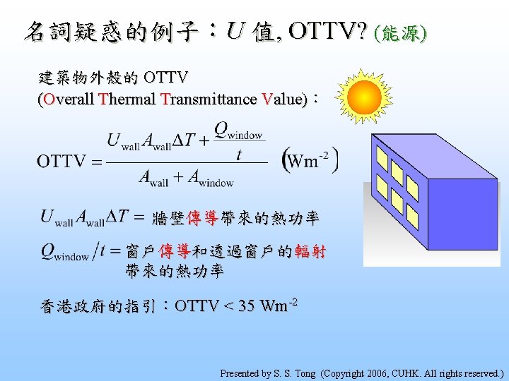 名詞疑惑的例子：U 值, OTTV? (能源) 建築物外殼的 OTTV (Overall Thermal Transmittance Value)： 牆壁傳導帶來的熱功率 窗戶傳導和透過窗戶的輻射 帶來的熱功率 香港政府的指引：OTTV
