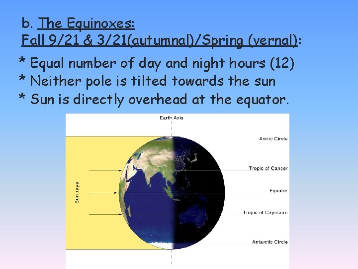 b. The Equinoxes: Fall 9/21 & 3/21(autumnal)/Spring (vernal): * Equal number of day and