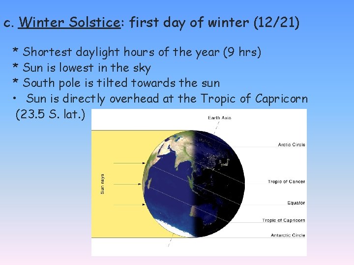 c. Winter Solstice: first day of winter (12/21) * Shortest daylight hours of the
