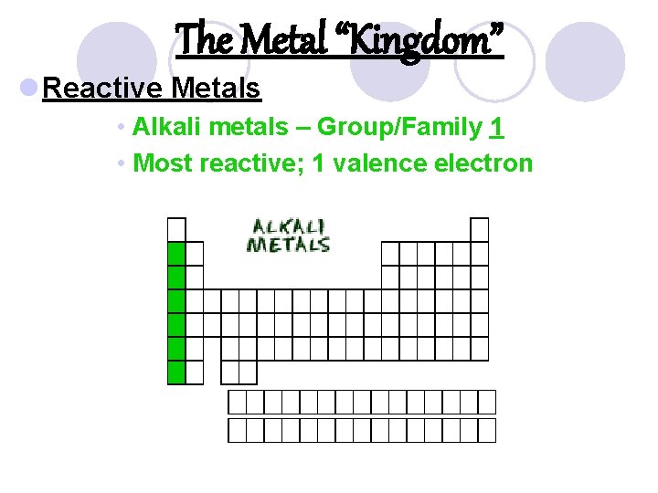 The Metal “Kingdom” l Reactive Metals • Alkali metals – Group/Family 1 • Most