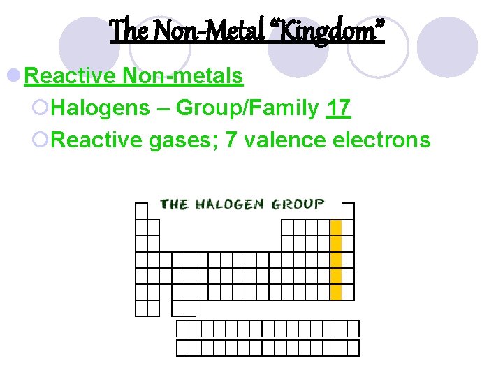 The Non-Metal “Kingdom” l Reactive Non-metals ¡Halogens – Group/Family 17 ¡Reactive gases; 7 valence