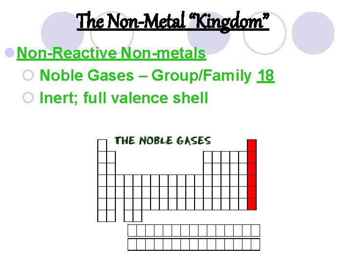 The Non-Metal “Kingdom” l Non-Reactive Non-metals ¡ Noble Gases – Group/Family 18 ¡ Inert;
