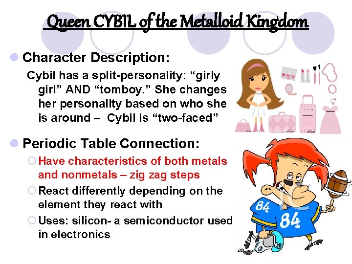 Queen CYBIL of the Metalloid Kingdom l Character Description: Cybil has a split-personality: “girly