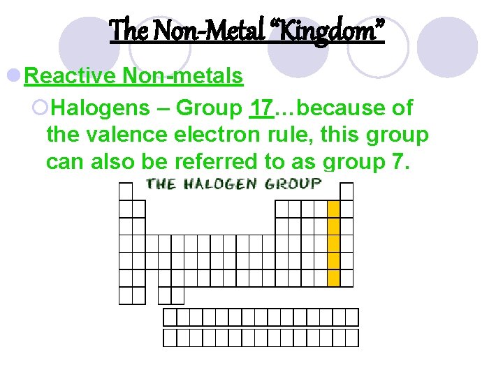The Non-Metal “Kingdom” l Reactive Non-metals ¡Halogens – Group 17…because of the valence electron
