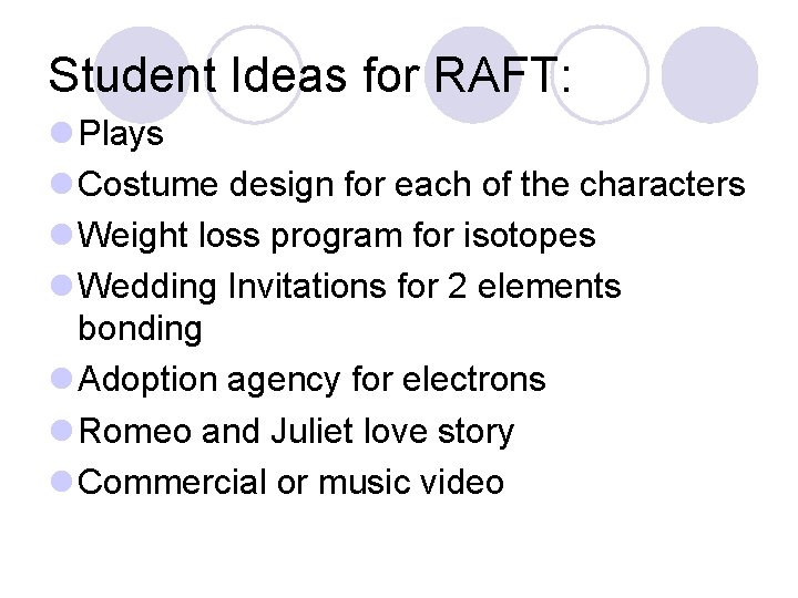 Student Ideas for RAFT: l Plays l Costume design for each of the characters